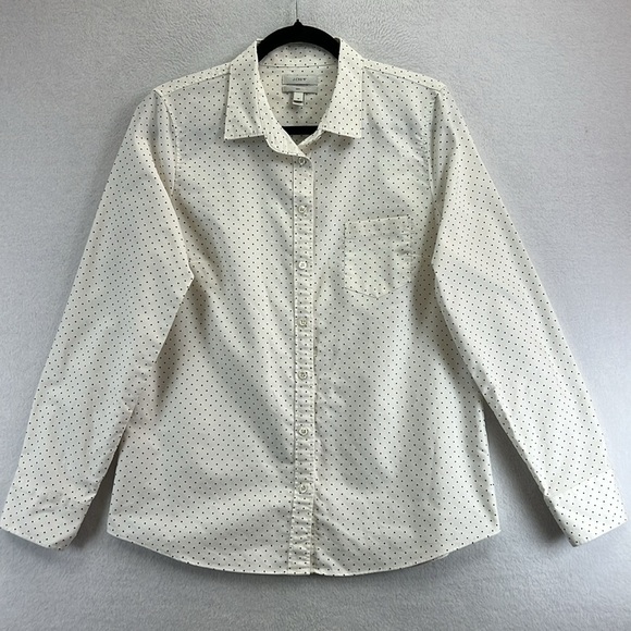 J. Crew Women’s Blouse / Button-down Shirt Sz 10 Cream w/ Black Dots 100% Cotton - Picture 1 of 14